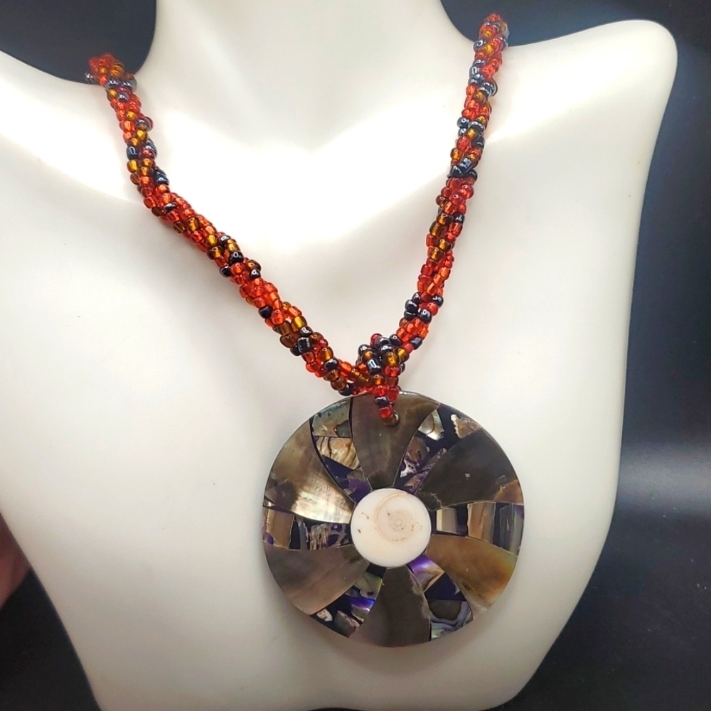 N3219 mother of pearl ruby red seed beaded twist necklace stunning statement